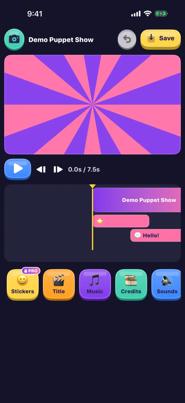 The editor: a title card, the timeline, and buttons for Stickers, Title, Music, Credits and Sounds